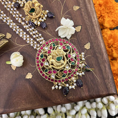 Vriksham Peacock Pendant Kundan Jadau Beaded Mala-Purple Beads-J3434