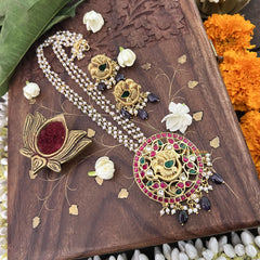 Vriksham Peacock Pendant Kundan Jadau Beaded Mala-Purple Beads-J3434