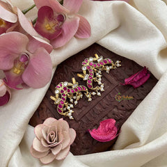 Vriksham Classic Dual Peacock Style Kundan Jadau Press Bugadi-Red White-Pearls-J3783