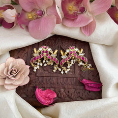 Vriksham Classic Dual Peacock Style Kundan Jadau Press Bugadi-Red White-Pearls-J3783