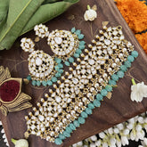 Vriksham Designer White kundan Jadau Choker-Aqua Blue Bead-Pearl-J3337