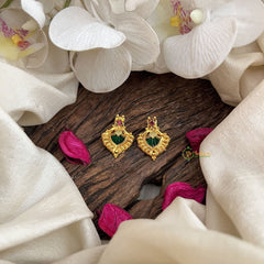 Vriksham Designer Gold Plated Kerala Palakka Green & Pink Stud Earrings-G19903