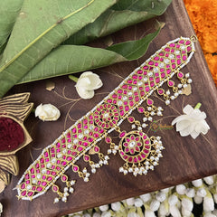 Vriksham Designer Cross RedFloral Pendant Kundan Jadau Neckpiece-Pearl-J3373