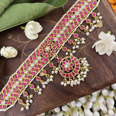 Vriksham Designer Cross RedFloral Pendant Kundan Jadau Neckpiece-Pearl-J3373