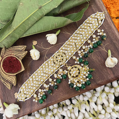 Vriksham Designer Cross White Floral Pendant Kundan Jadau Neckpiece-Green Bead-J3372