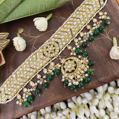 Vriksham Designer Cross White Floral Pendant Kundan Jadau Neckpiece-Green Bead-J3372