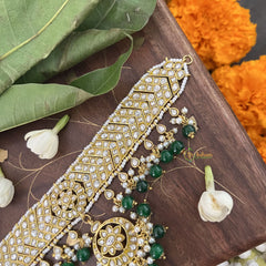 Vriksham Designer Cross White Floral Pendant Kundan Jadau Neckpiece-Green Bead-J3372