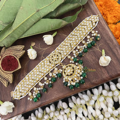 Vriksham Designer Cross White Floral Pendant Kundan Jadau Neckpiece-Green Bead-J3372