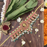 Vriksham Floral Style Peacock Kundan Jadau Short Neckpiece-Aqua Green Bead-J3382