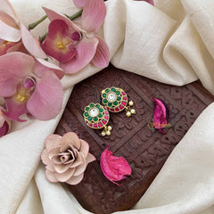 Vriksham Chand Bali Style Kundan Jadau Press Bugadi-Red White & Green-Pearls-J3788