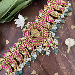 Vriksham Floral Style Peacock Kundan Jadau Short Neckpiece-Aqua Green Bead-J3382