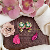 Vriksham Chand Bali Style Kundan Jadau Press Bugadi-Red White & Green-Pearls-J3788