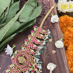 Vriksham Floral Style Peacock Kundan Jadau Short Neckpiece-Aqua Green Bead-J3382