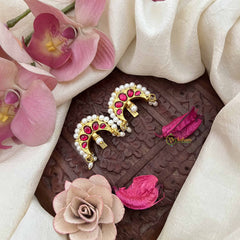 Vriksham Half Moon Style Maharashtrian Kundan Jadau Press Bugadi-Red-Rice Pearls-J3790