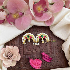 Vriksham Half Moon Style Maharashtrian Kundan Jadau Press Bugadi-Red Green & White-Rice Pearls-J3792