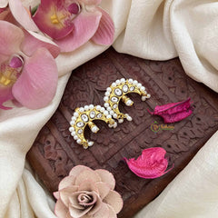 Vriksham Half Moon Style Maharashtrian Kundan Jadau Press Bugadi-White-Rice Pearls-J3791