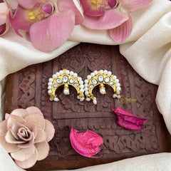 Vriksham Half Moon Style Maharashtrian Kundan Jadau Press Bugadi-White-Rice Pearls-J3791