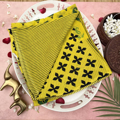 Vriksham Yellow With Green Printed Cotton Mulmul Saree-VS4624