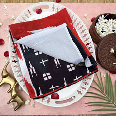 Vriksham Black,White & Red With Zig Zag Printed Cotton Mulmul Saree-VS4616