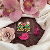 Vriksham Peacock Feather Style Kundan Jadau Press Bugadi-Red Green & White-Pearls-J3793