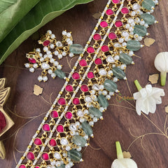Vriksham Double Diva Line Choker Style Kundan Jadau Neckpiece-Red-Aqua Green Bead-J3437