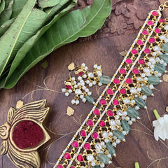 Vriksham Double Diva Line Choker Style Kundan Jadau Neckpiece-Red-Aqua Green Bead-J3437