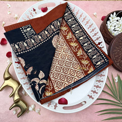 Vriksham Brown With Black Printed Border Cotton Mulmul Saree-VS4606