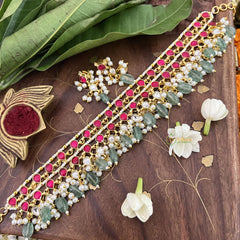 Vriksham Double Diva Line Choker Style Kundan Jadau Neckpiece-Red-Aqua Green Bead-J3437