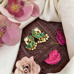 Vriksham Peacock Feather Style Kundan Jadau Press Bugadi-Green White-Pearls-J3795