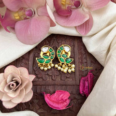 Vriksham Peacock Feather Style Kundan Jadau Press Bugadi-Green White-Pearls-J3795