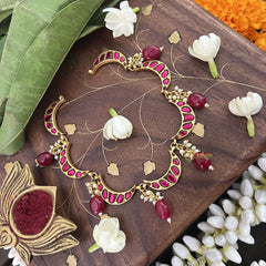 Vriksham Crescent Moon Choker Style Kundan Jadau Neckpiece-Red-Red Bead-J3444