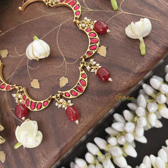 Vriksham Crescent Moon Choker Style Kundan Jadau Neckpiece-Red-Red Bead-J3444