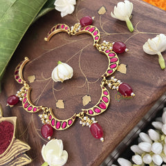 Vriksham Crescent Moon Choker Style Kundan Jadau Neckpiece-Red-Red Bead-J3444