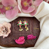 Vriksham Lotus Floral Style Kundan Jadau Press Bugadi-Red Green & White-Pearls-J3796