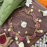 Vriksham Crescent Moon Choker Style Kundan Jadau Neckpiece-Red-Pearl-J3445