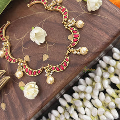 Vriksham Crescent Moon Choker Style Kundan Jadau Neckpiece-Red-Pearl-J3445