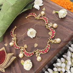 Vriksham Crescent Moon Choker Style Kundan Jadau Neckpiece-Red-Pearl-J3445