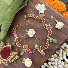 Vriksham Crescent Moon Choker Style Kundan Jadau Neckpiece-Red-Green Bead-J3448