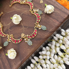 Vriksham Crescent Moon Choker Style Kundan Jadau Neckpiece-Red-Green Bead-J3448