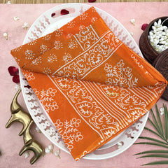 Vriksham Orange With White Floral Printed Cotton Mulmul Saree-VS4605