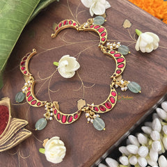 Vriksham Crescent Moon Choker Style Kundan Jadau Neckpiece-Red-Green Bead-J3448