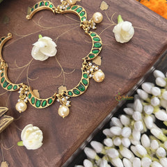 Vriksham Crescent Moon Choker Style Kundan Jadau Neckpiece-Green-Pearl-J3446