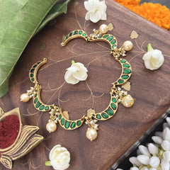 Vriksham Crescent Moon Choker Style Kundan Jadau Neckpiece-Green-Pearl-J3446