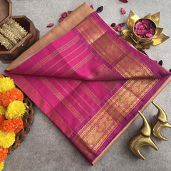 Beige with Purple Border Silk Cotton Saree -Handloom -VS3194