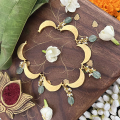 Vriksham Crescent Moon Choker Style Kundan Jadau Neckpiece-Green-Green Bead-J3447