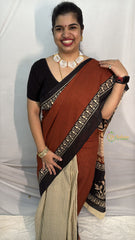 Vriksham Brown With Black Printed Border Cotton Mulmul Saree-VS4606