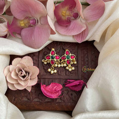 Vriksham Traditional Floral Motif Style Kundan Jadau Press Bugadi-Green Red -Pearls-J3803