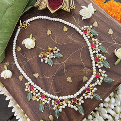 Vriksham Designer 9 Diva Pendant Pearl Beaded Kundan Jadau Neckpiece-Red-Pearl-Aqua Green Bead-J3453