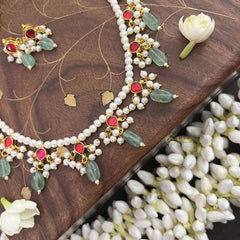 Vriksham Designer 9 Diva Pendant Pearl Beaded Kundan Jadau Neckpiece-Red-Pearl-Aqua Green Bead-J3453