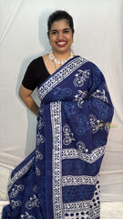 Vriksham Blue With Bicycle Printed Cotton Mulmul Saree-VS4625